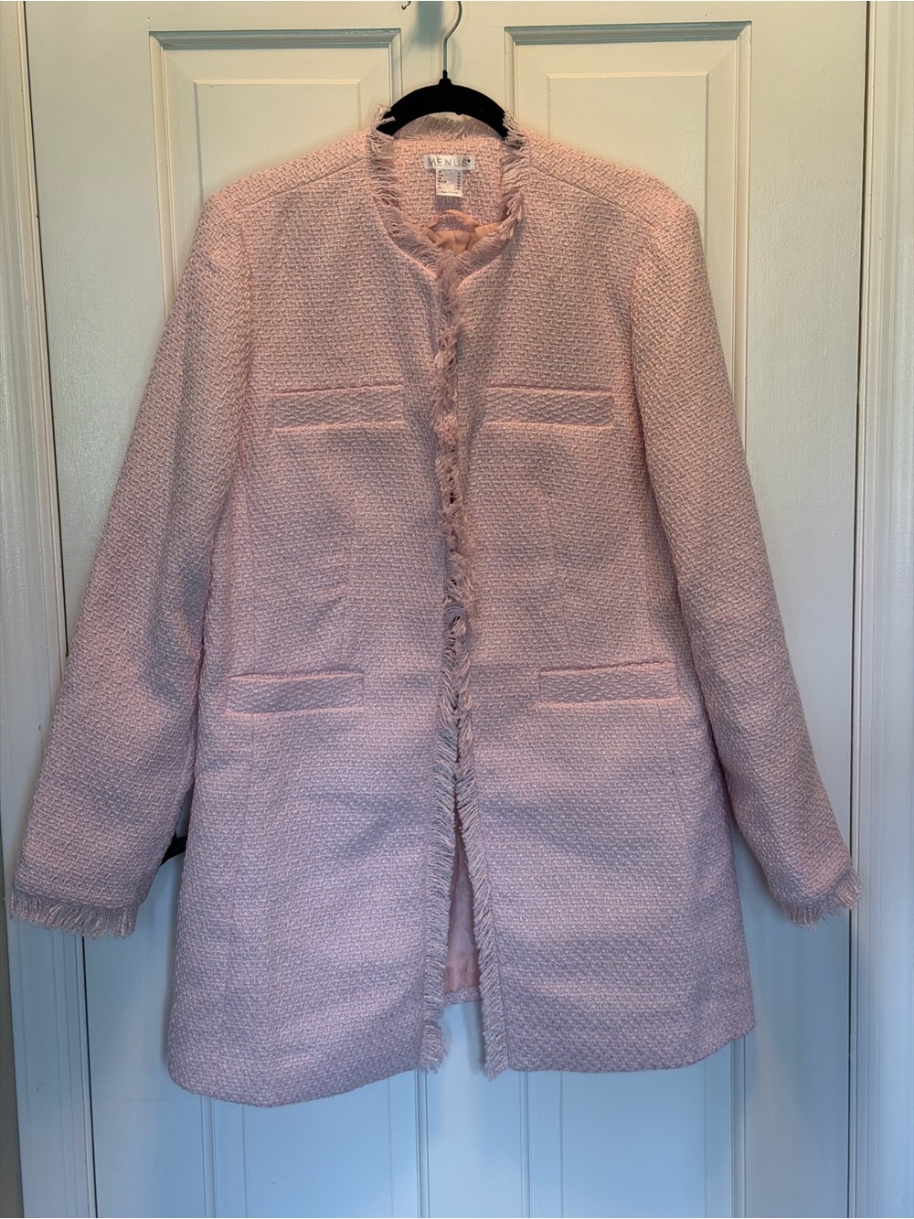 VENUS Pink Bouclé Tweed Fringe-Trim Longline Jacket Blazer NWOT